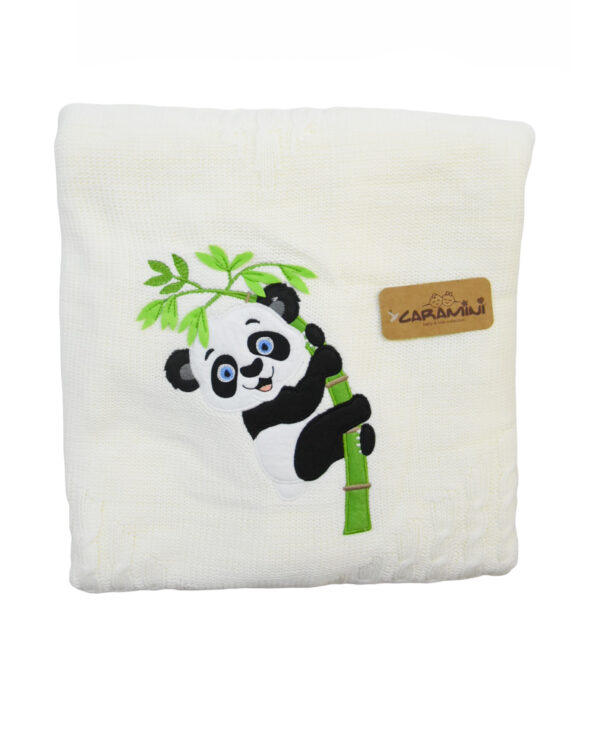 Βρεφική Πλεκτή Κουβέρτα Με Επένδυση Γούνα "Panda" Λευκό 85x95εκ