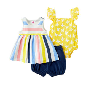 Βρεφικό Σετ 3τμχ Φόρεμα, Κορμάκι, Σορτς Λευκο/Μπλε/Κίτρινο
